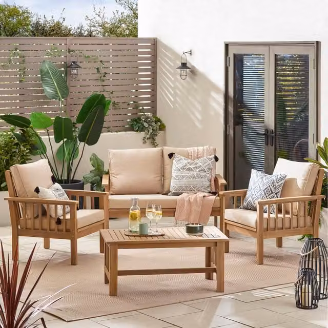 FurnitureboxUK Vitur 5-Seater Outdoor Garden Sofa Set with Acacia Wood Frame and Upholstered Cushions in Natural
