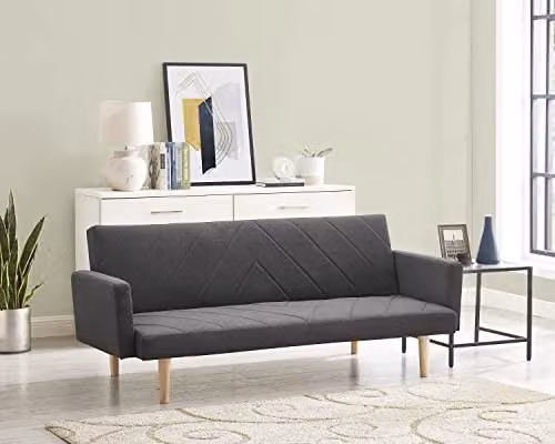 Home Detail Robbie 3 Seater Click Clack Sofa Bed with Geometric Fabric and Wooden Legs in Grey, Blue or Black – 2