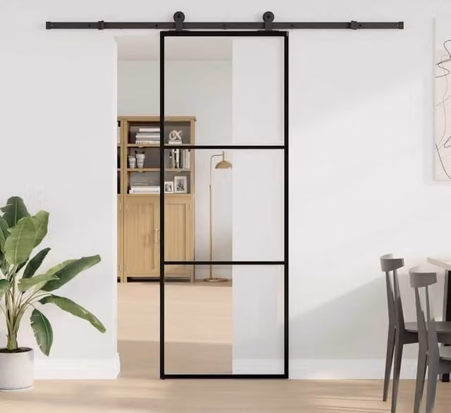 Berkfield Home Modern Sliding Door with Hardware Set, Black ESG Glass and Aluminium, W: 76 cm, H: 205 cm