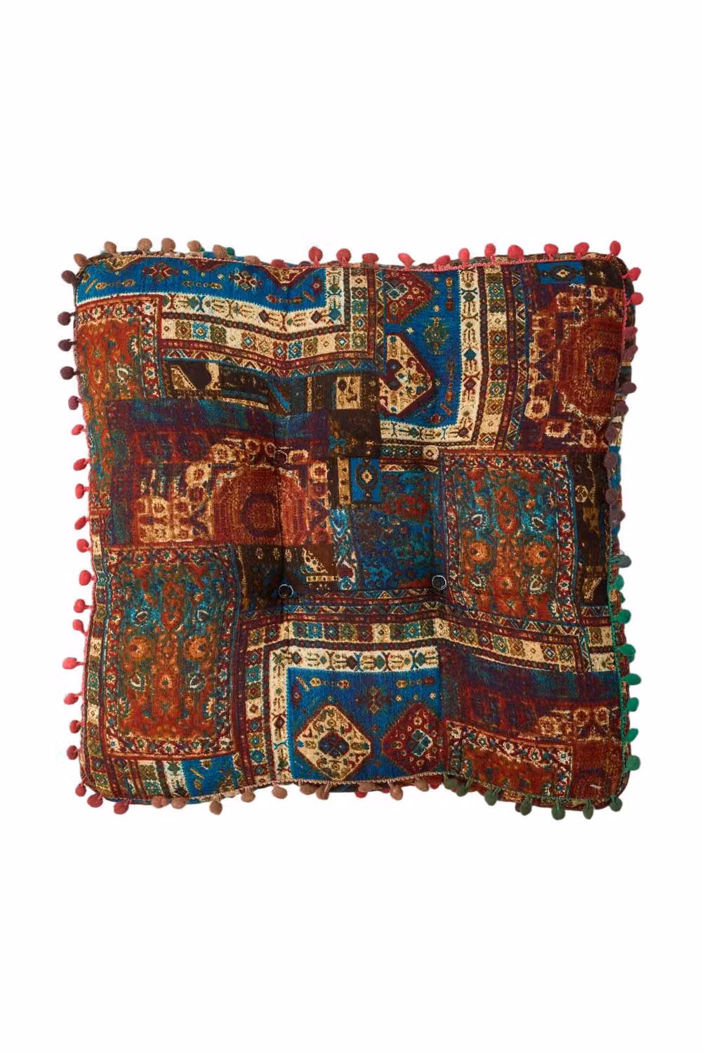 Living and Home Bohemian Patterned Square Linen Seat Cushion with Pom-Pom Trim in Multicolour – 4