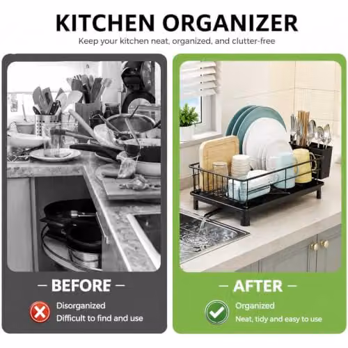 ATEK 1 Tier Stainless Steel Kitchen Dish Drainer Rack in Black with Cutlery Holder and Drip Tray – 5