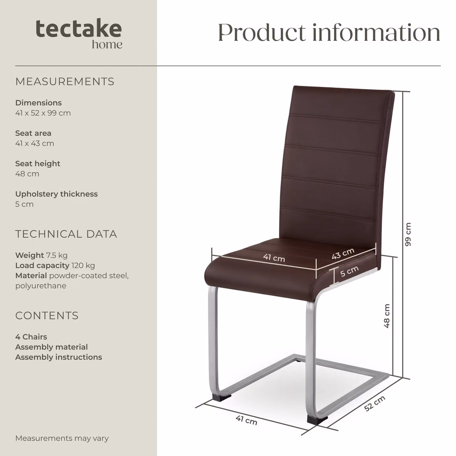 tectake Bettina Set of 4 Dining Chairs in Brown Synthetic Leather with Metal Cantilever Base – 6