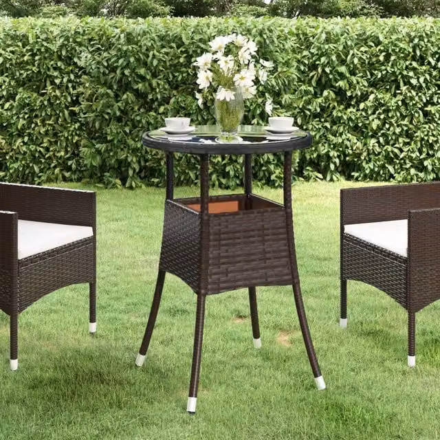 Berkfield Home Garden Table in Brown with Tempered Glass and Poly Rattan, W: 60 cm, H: 75 cm – 1