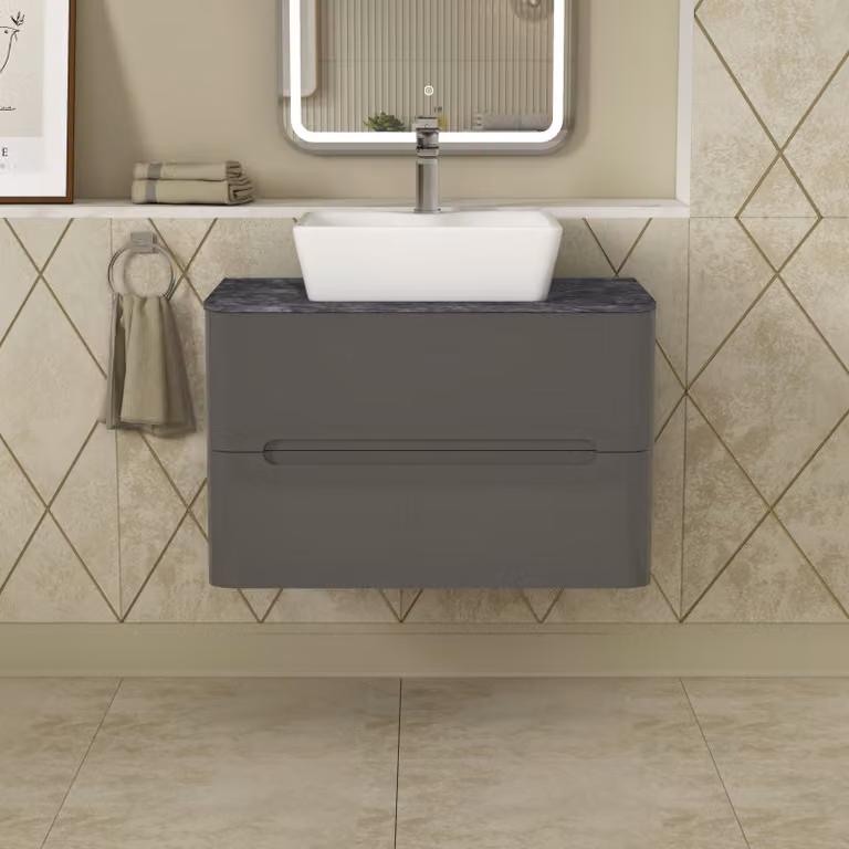 Royal Bathrooms Infinity 800mm Gloss Anthracite Wall Hung Vanity Unit with 2 Drawers and Black Star Countertop Basin