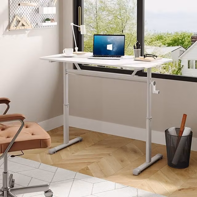 Livingandhome Manual Crank Height-Adjustable White Computer Desk