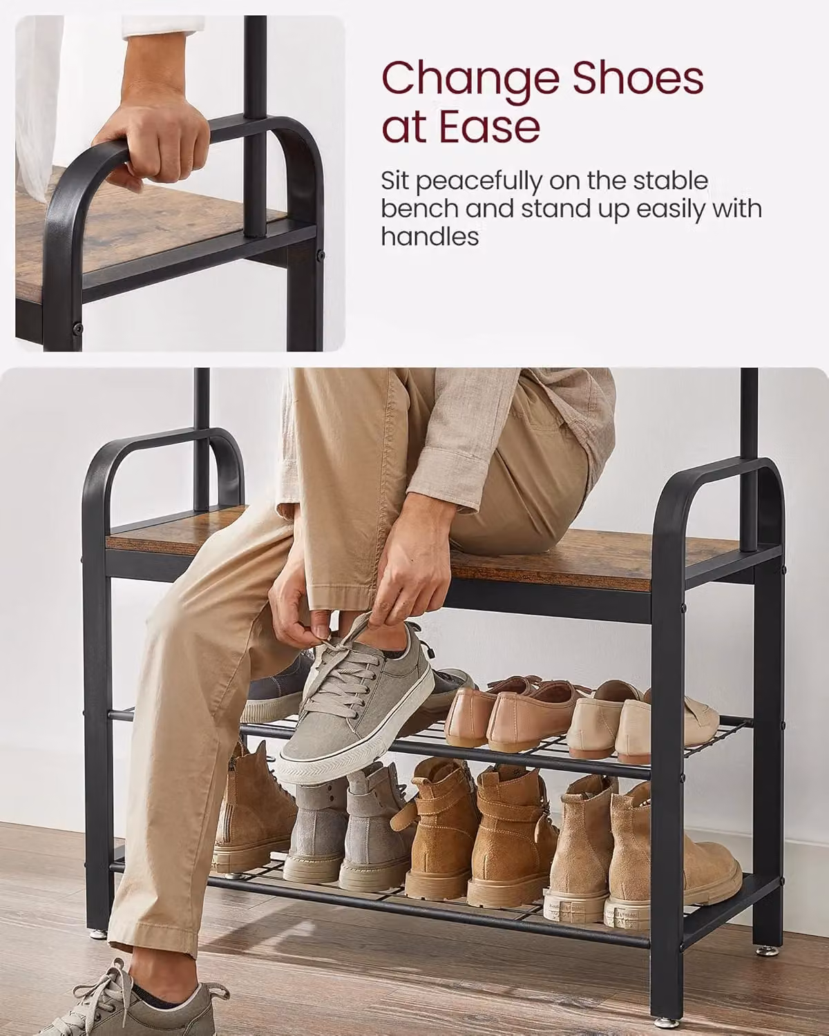 VASAGLE 4-in-1 Industrial Hall Tree with Bench, Coat Rack and Clothes Rail in Brown – 6