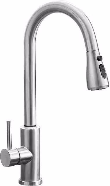 PAWNORA Silver Stainless Steel Kitchen Sink Mixer Tap with Single Lever and Pull Out Spray Spout – 1
