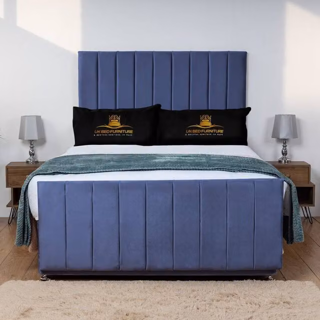 UK Bed Furniture Hampton Divan Bed Base with 26 Inch Headboard in Blue Velvet, Super King, W/D: 200 x 200 cm