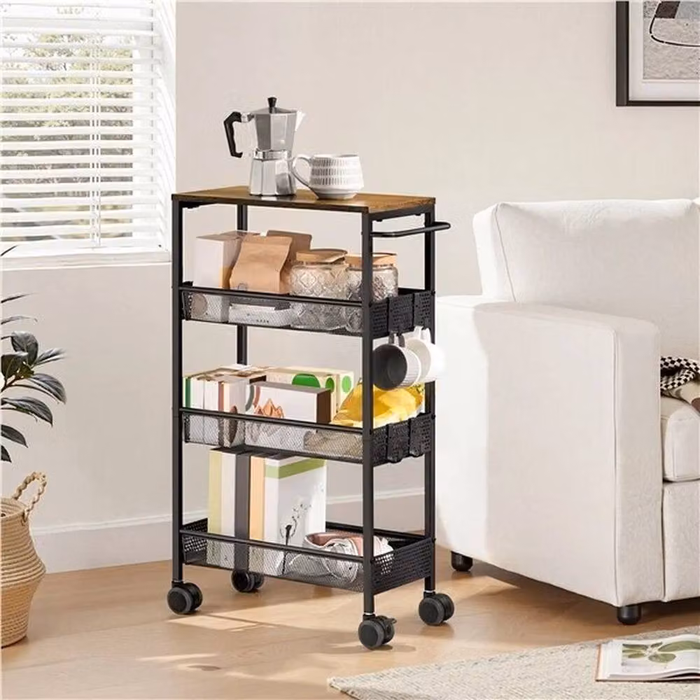 KORVIXA 4-Tier Brown Rustic Rolling Storage Trolley – 3