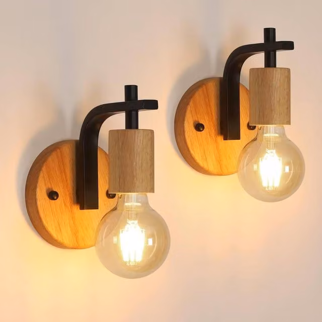 Pheashine 2-Pack Retro Wood and Metal E27 Wall Sconce Lights in Brown