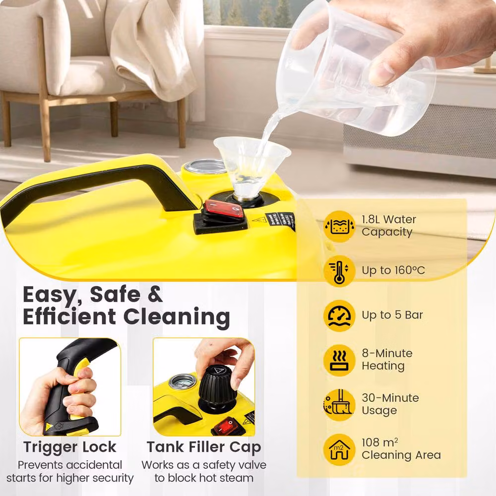 Costway 2000W Steam Mop Rolling Cleaning Machine and Carpet Washer in Yellow – 3