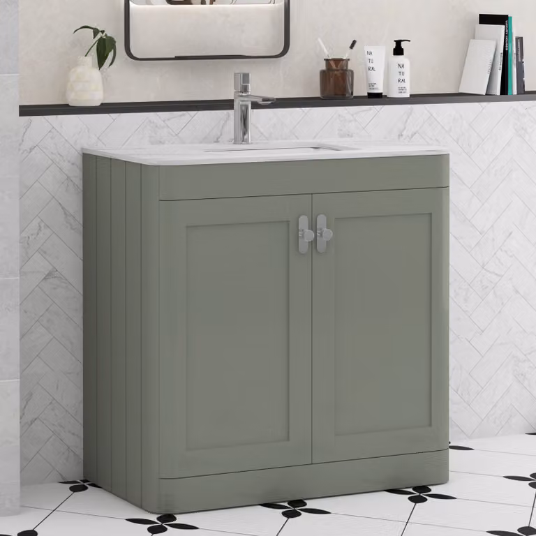 Royal Bathrooms Henley 800mm Sage Green Floor Standing 2 Door Bathroom Vanity Unit with Undrilled Carrara White Stone Top and Chrome Knob