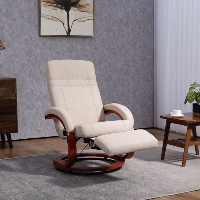 HOMCOM Beige Fabric Swivel Recliner Chair with Footrest and Solid Wood Frame