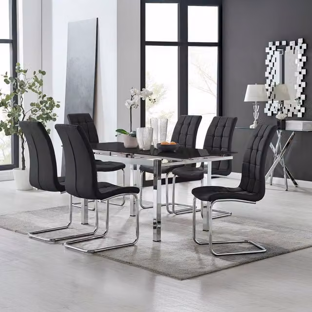 Furniturebox Enna Black Glass Extending Rectangular Dining Table and 6 Murano Chairs