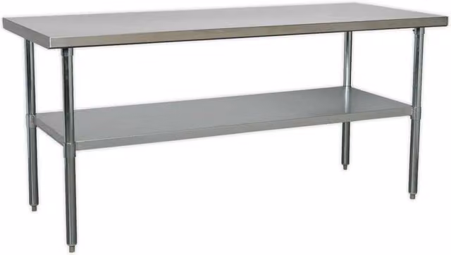 Loops Stainless Steel Work Bench and Adjustable Storage Shelf in Silver, W/D/H: 180 x 76 x 89 cm