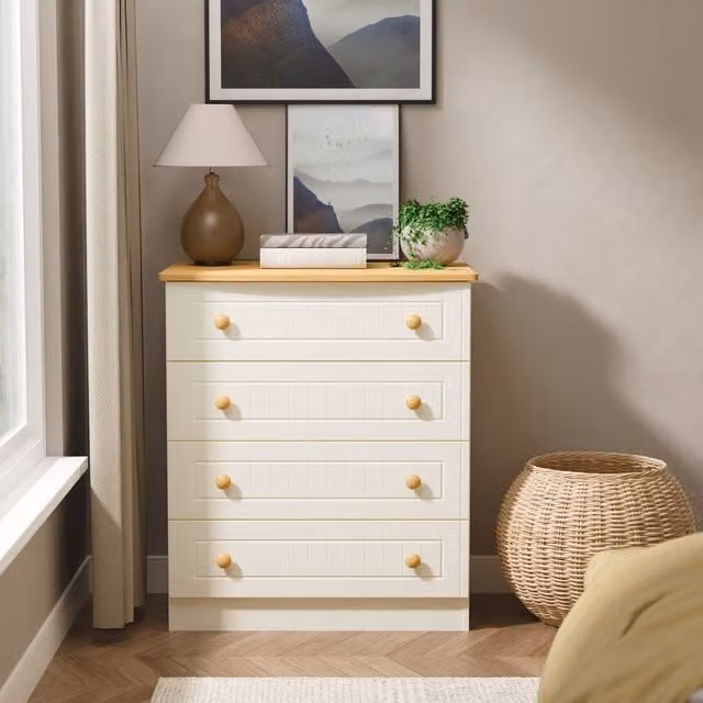 Warwick Ready Assembled 4 Drawer Chest in Cream Ash and Modern Oak