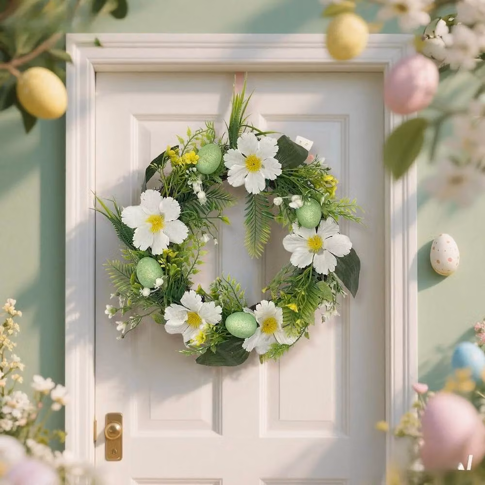 EONLION Easter Floral Wreath with Green Eggs and Flowers, Multicolour, Diameter: 15 cm – 2