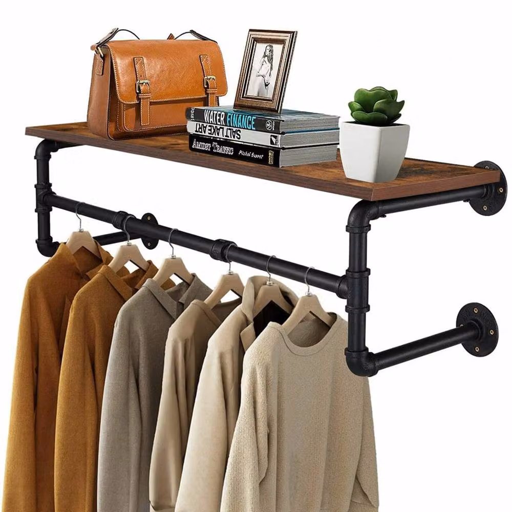 Havendro Industrial Metal Pipe Clothes Rack with MDF Wooden Shelf in Black and Brown – 3