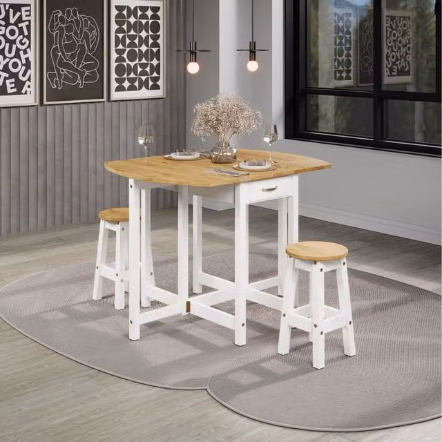 Corona White Oval Drop Leaf Gateleg Breakfast Table and 2 Stool Set in White Washed Wax Finish Pine