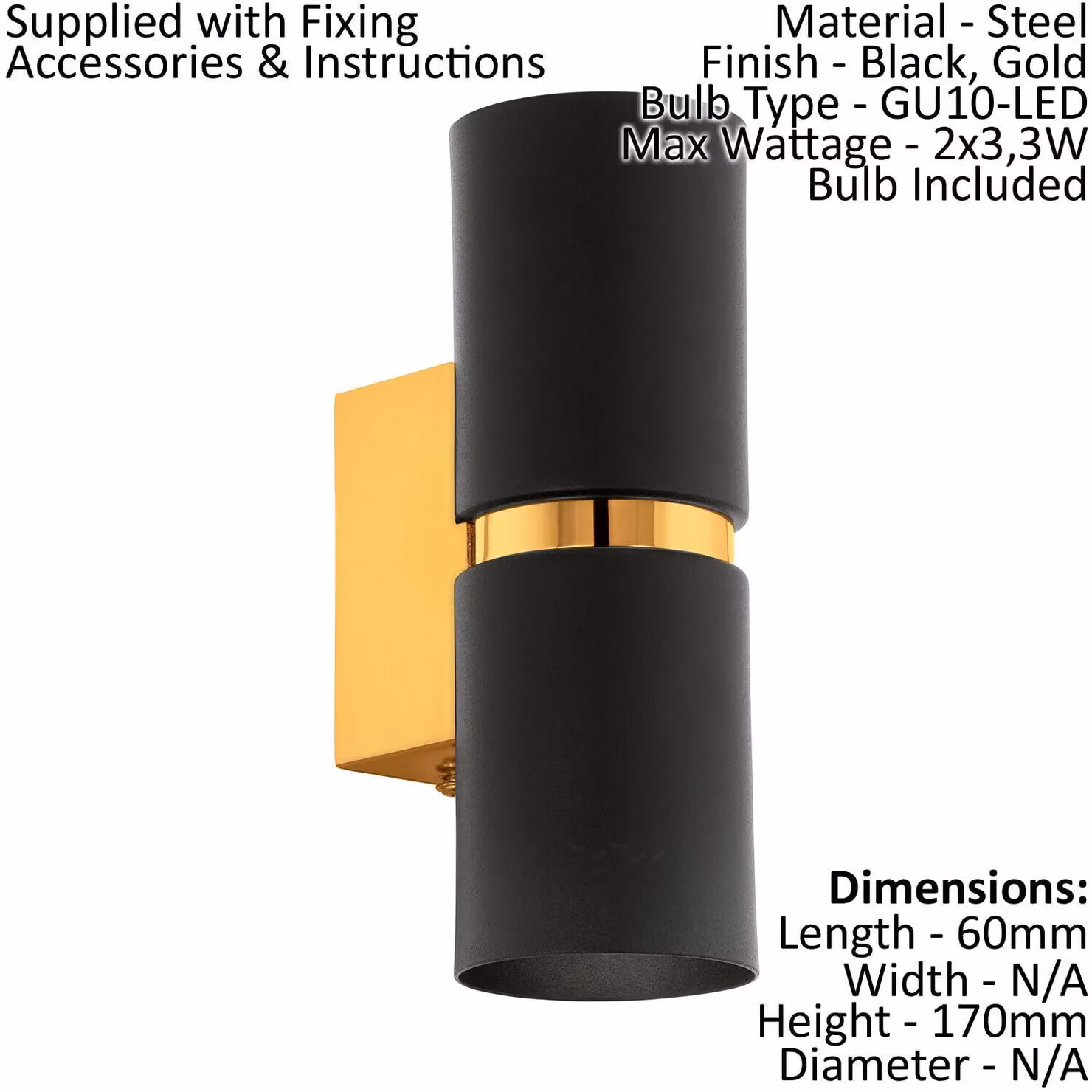 Loops Modern Metal Wall Light in Black and Gold with 2 x GU10 LED Bulbs Included – 2