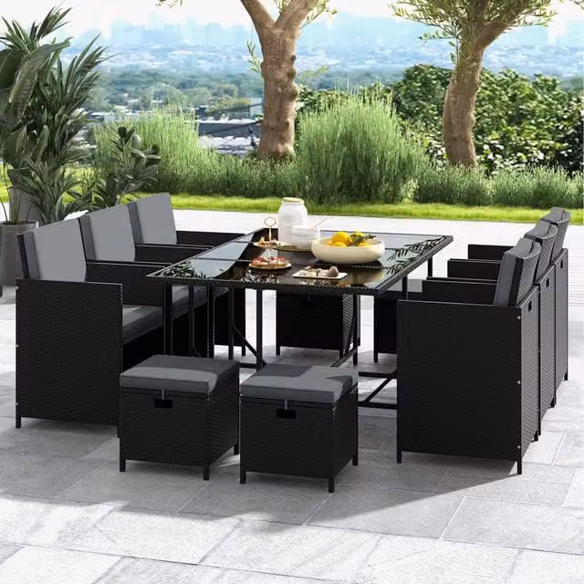 Costway 11 Piece Grey Polyrattan Patio Dining Set with Rectangular Table