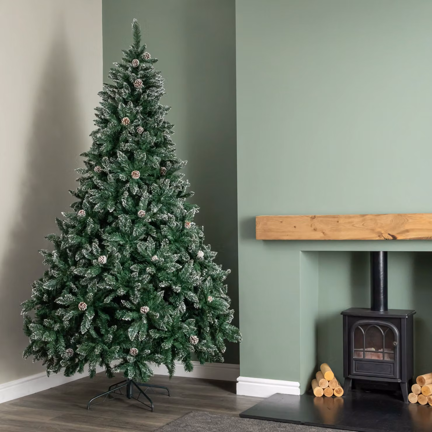 Samuel Alexander 2.4m Tall Rocky Mountain Pine Christmas Tree with 1769 Snow Tipped Branches and Pinecones in Green – 2