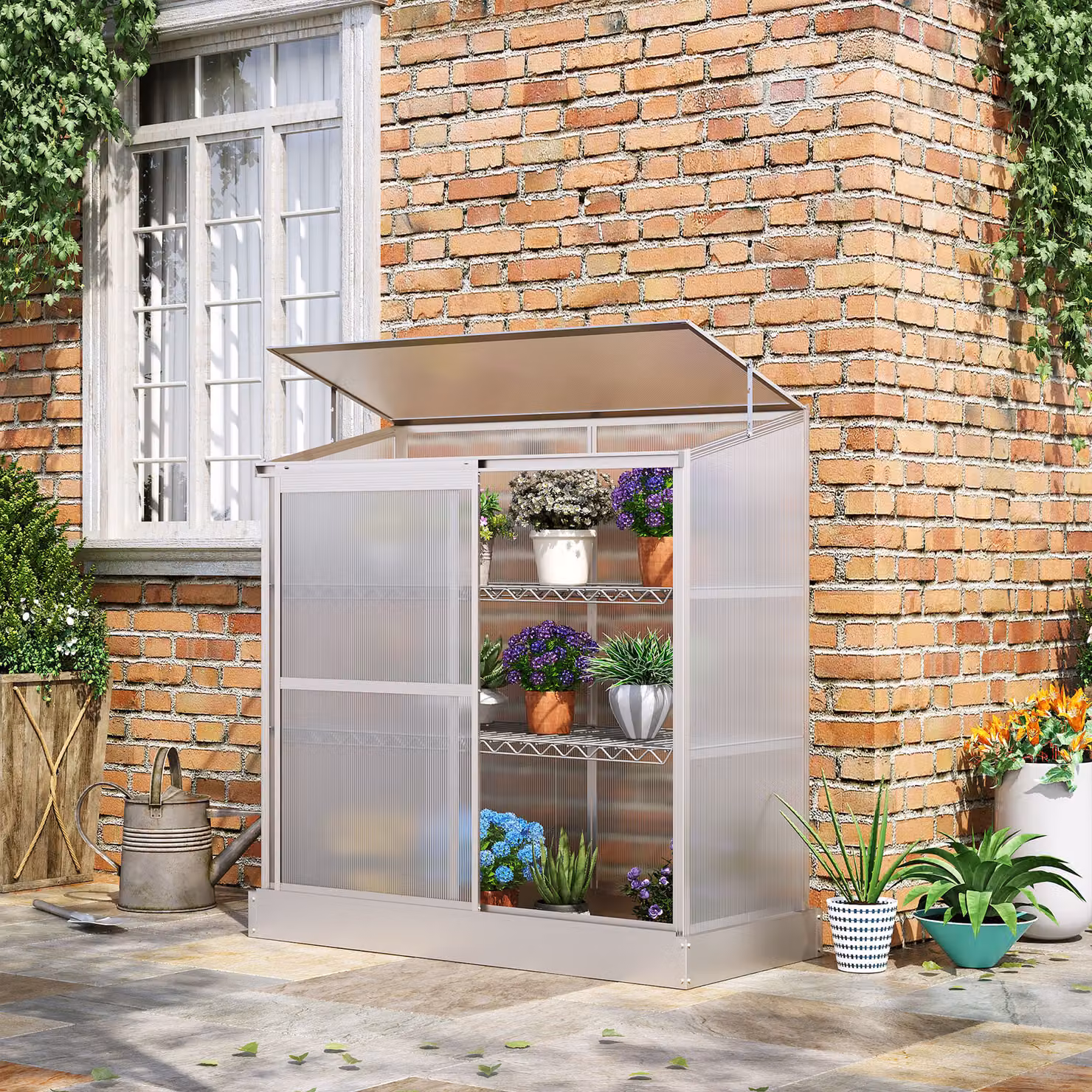 Outsunny 3-Tier Mini Greenhouse Garden Cold Frame with Polycarbonate Panels and Flip Top Roof, Silver, W/D/H: 129.5 x 58 x 140 cm – 2