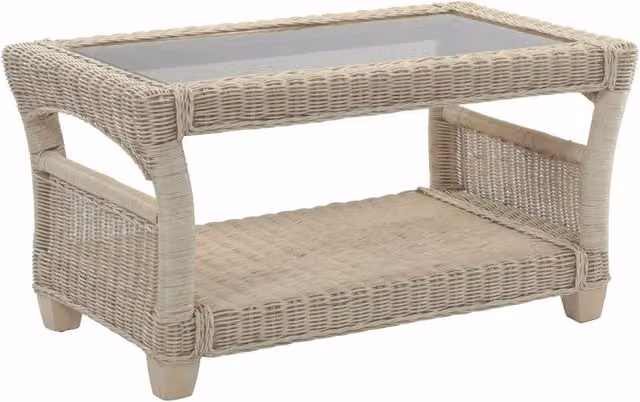 Desser Dijon Natural Rectangular Coffee Table with Glass and Rattan Top in Grey