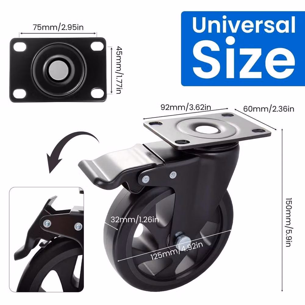 Havendro 4-Piece Set of 125mm Black Steel and Rubber Swivel Casters with Brake, 800kg Capacity – 2