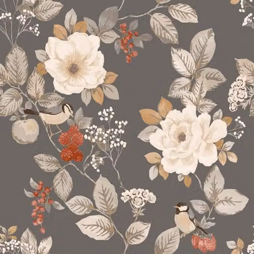 Belgravia Decor Bramble Floral Wallpaper in Grey with Matte Detailing