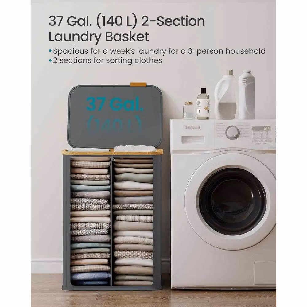 The Bazaarist 2 Compartment Collapsible Laundry Hamper with Lid in Dark Grey – 3