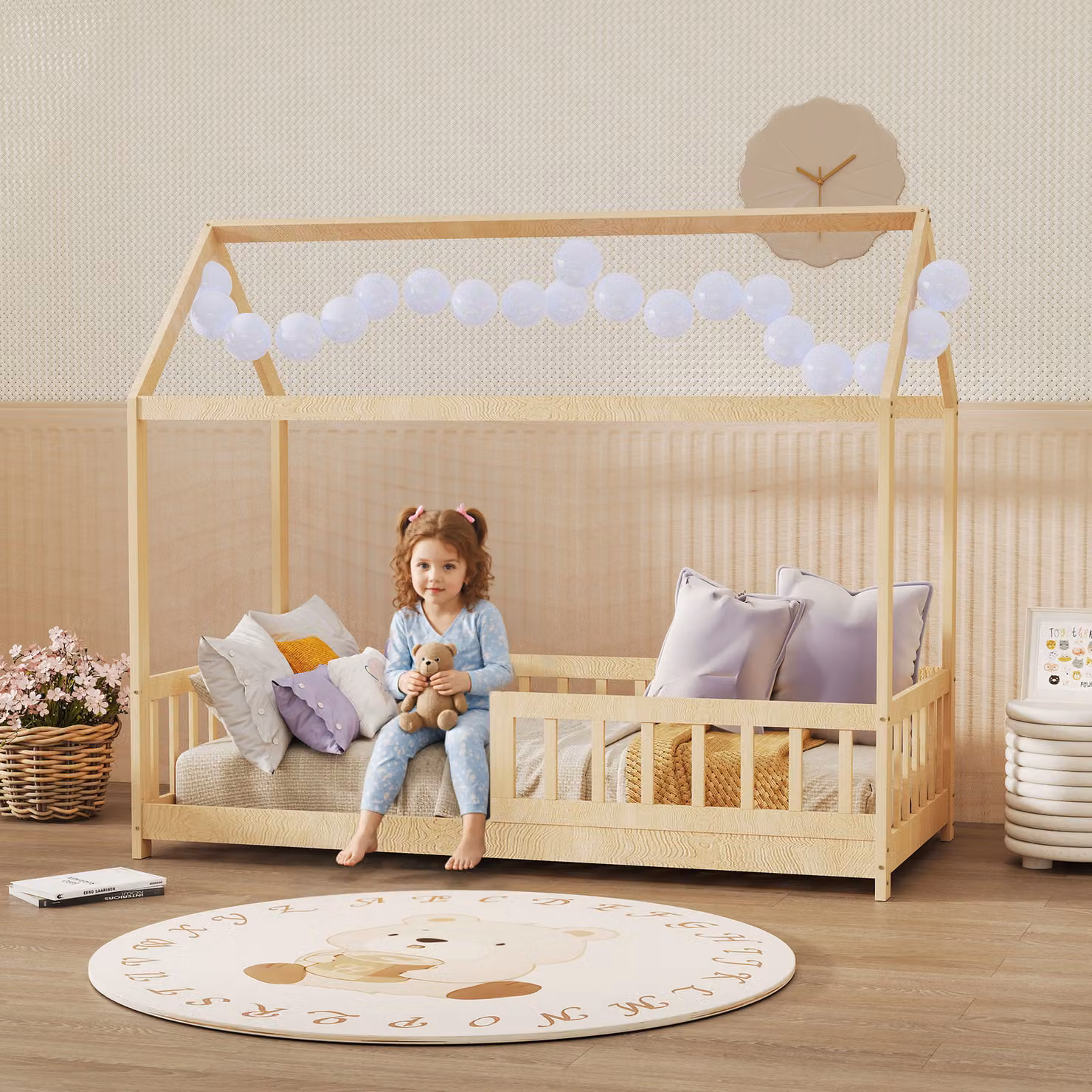 HOMCOM House-Shaped Kids Bed Frame in Natural Solid Pine Wood with Guard Rails, 90x190 cm – 2