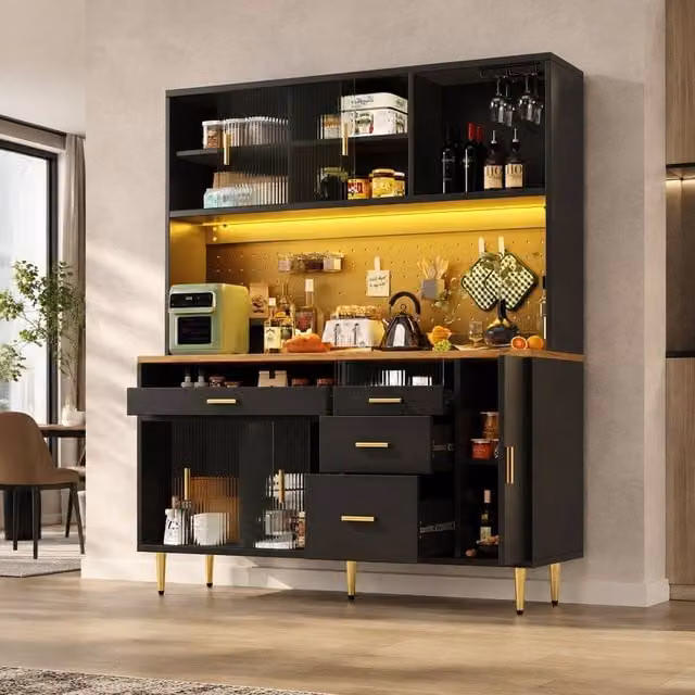 STILVORA Modern Tall Cabinet in Black with Integrated LED Lighting and Sliding Glass Doors