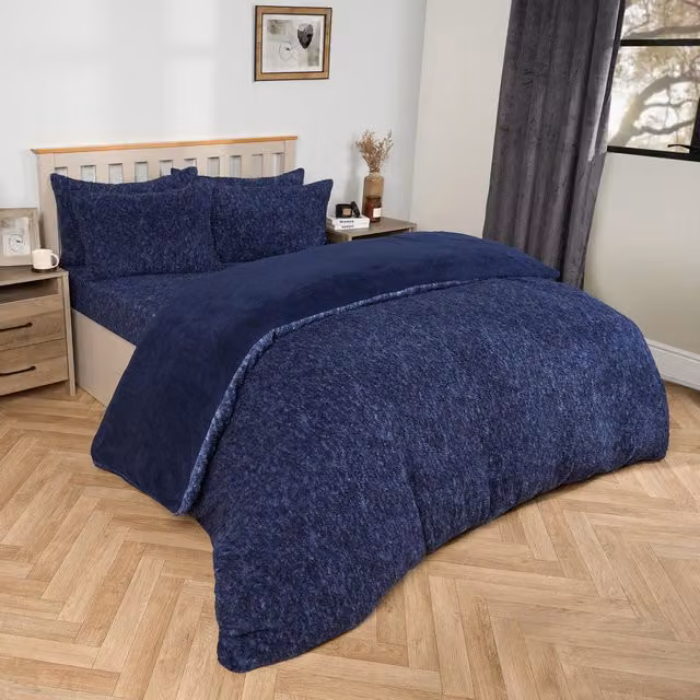 OHS Teddy Marl Fleece Duvet Set and Pillowcase in Blue, W/D/H: 140 x 200 cm