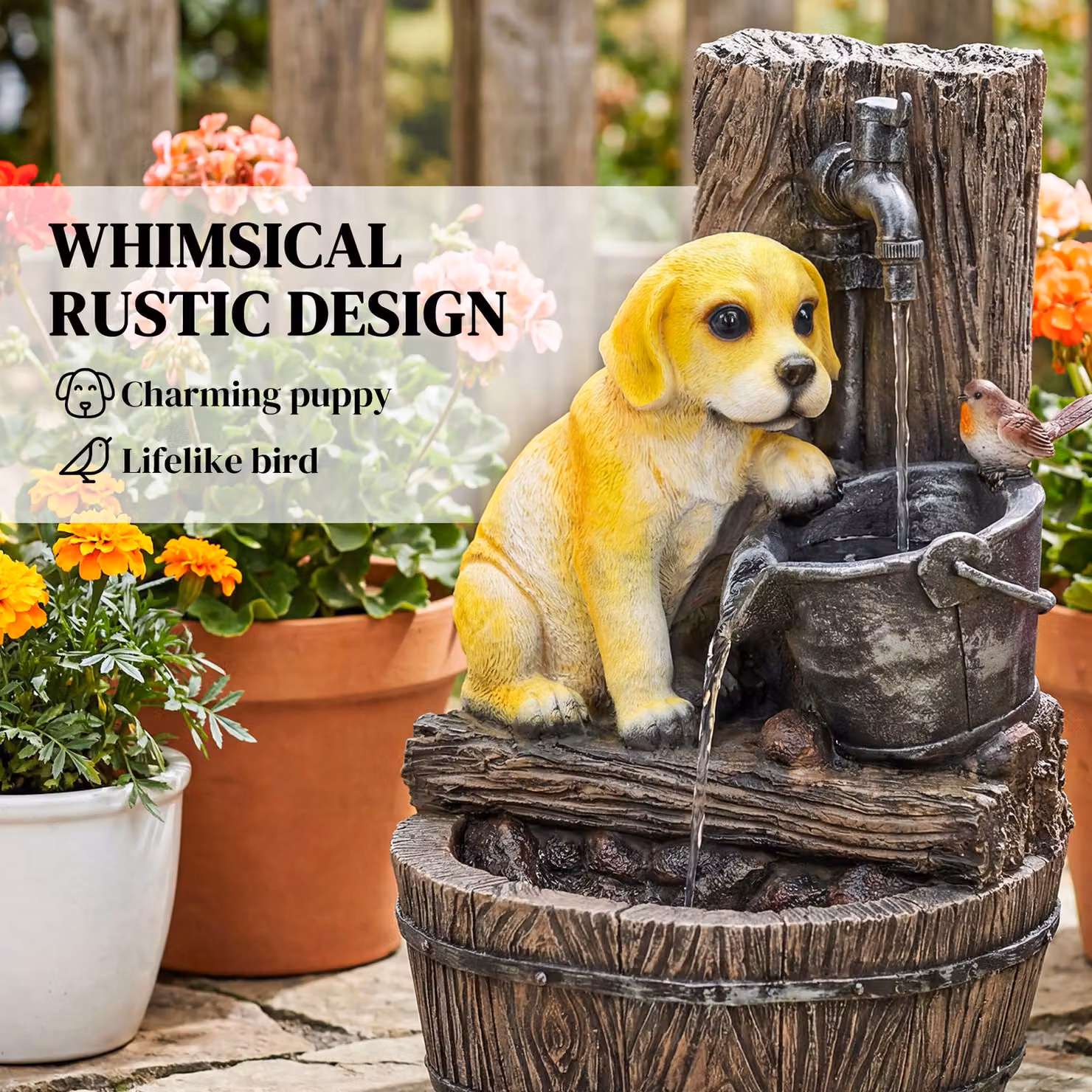 Outsunny Rustic Brown 3-Tier Puppy Design Garden Water Feature with LED Lights, Freestanding Resin Cascade, W/D/H: 56.0 x 35.0 x 6.2 cm – 3