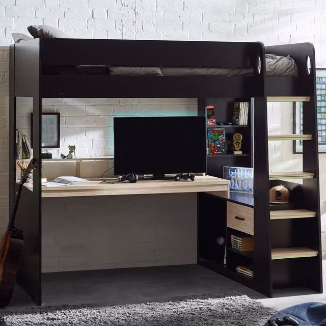 Julian Bowen Blaze Gaming Bunk Highsleeper in Black and Pale Wood with Stairs and Drawers