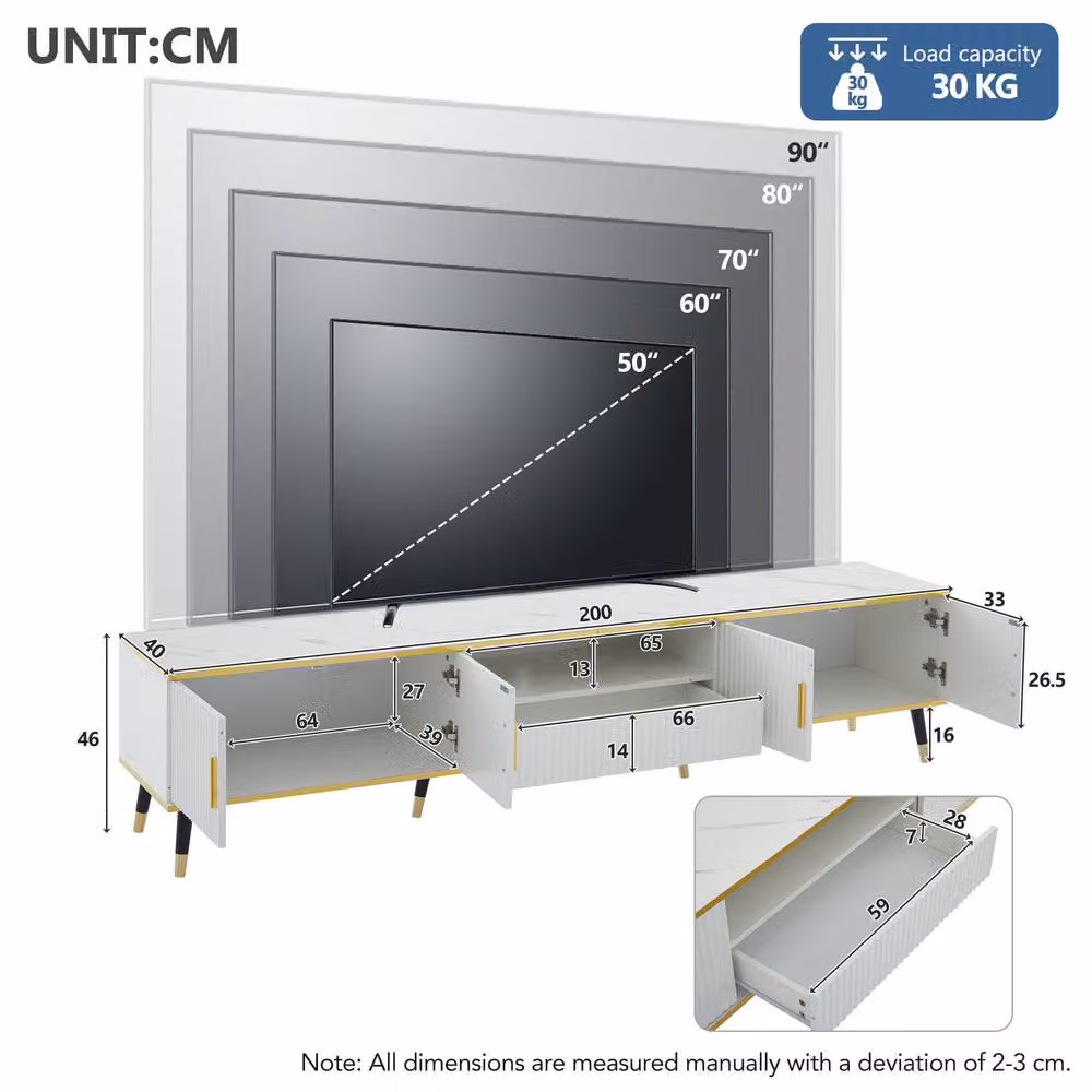 Merax Modern White and Gold Media Console TV Stand with Marble Effect Top and Soft Close Drawers, W: 200 cm, D: 40 cm, H: 46 cm – 5