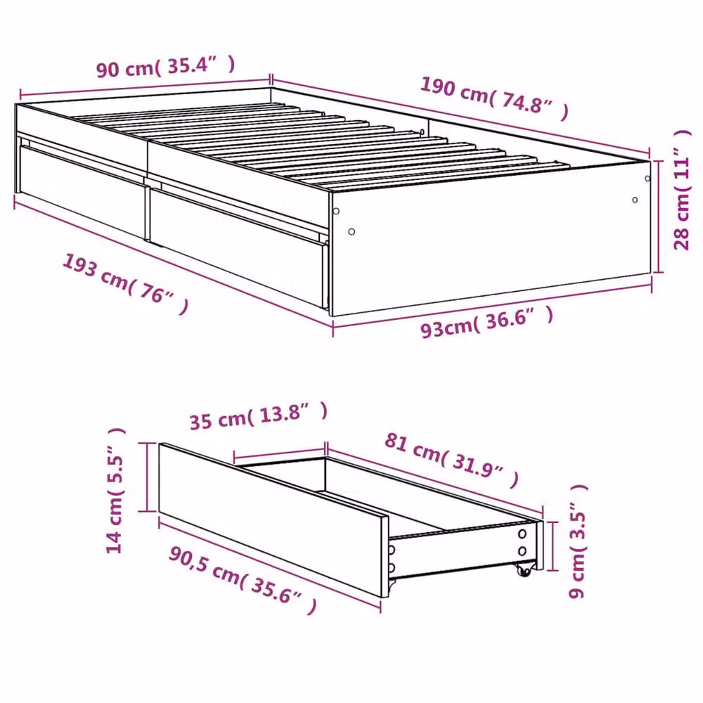 Berkfield Home Single Bed Frame with Drawers, Black, W/D/H: 90 x 190 cm – 6