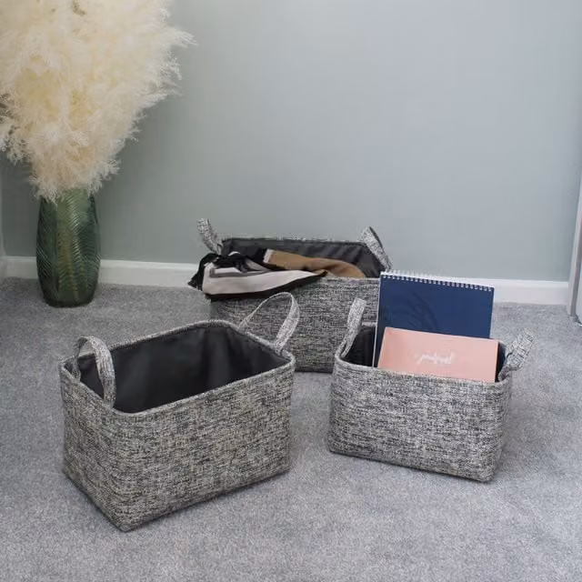 JVL Urban Set of 3 Grey Fabric Rectangle Paper Storage Baskets with Handles