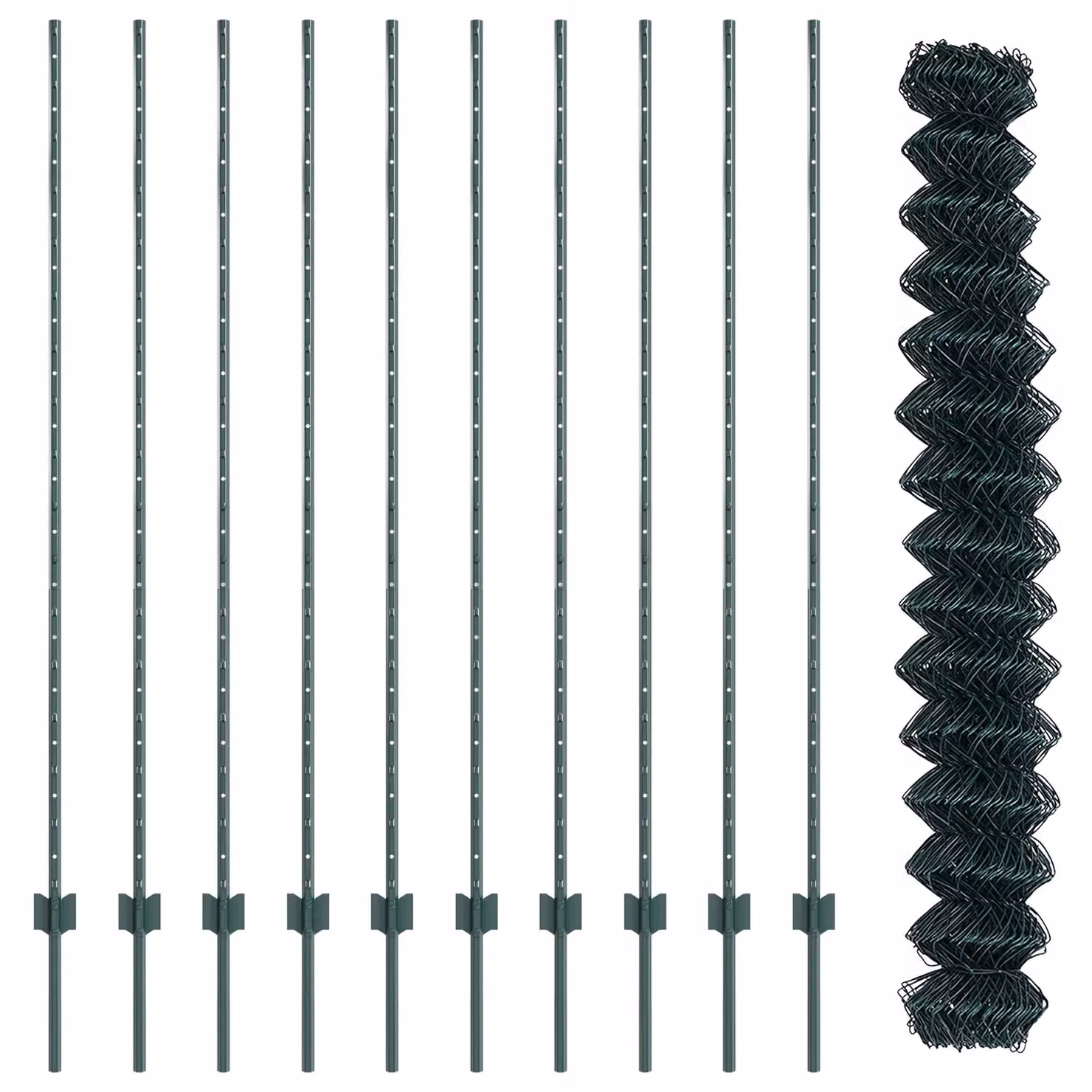 Berkfield Home Green PVC-Coated Steel Chain Link Fence with 10 In-Ground U-Profile Posts, W: 10 m, H: 1.6 m – 3