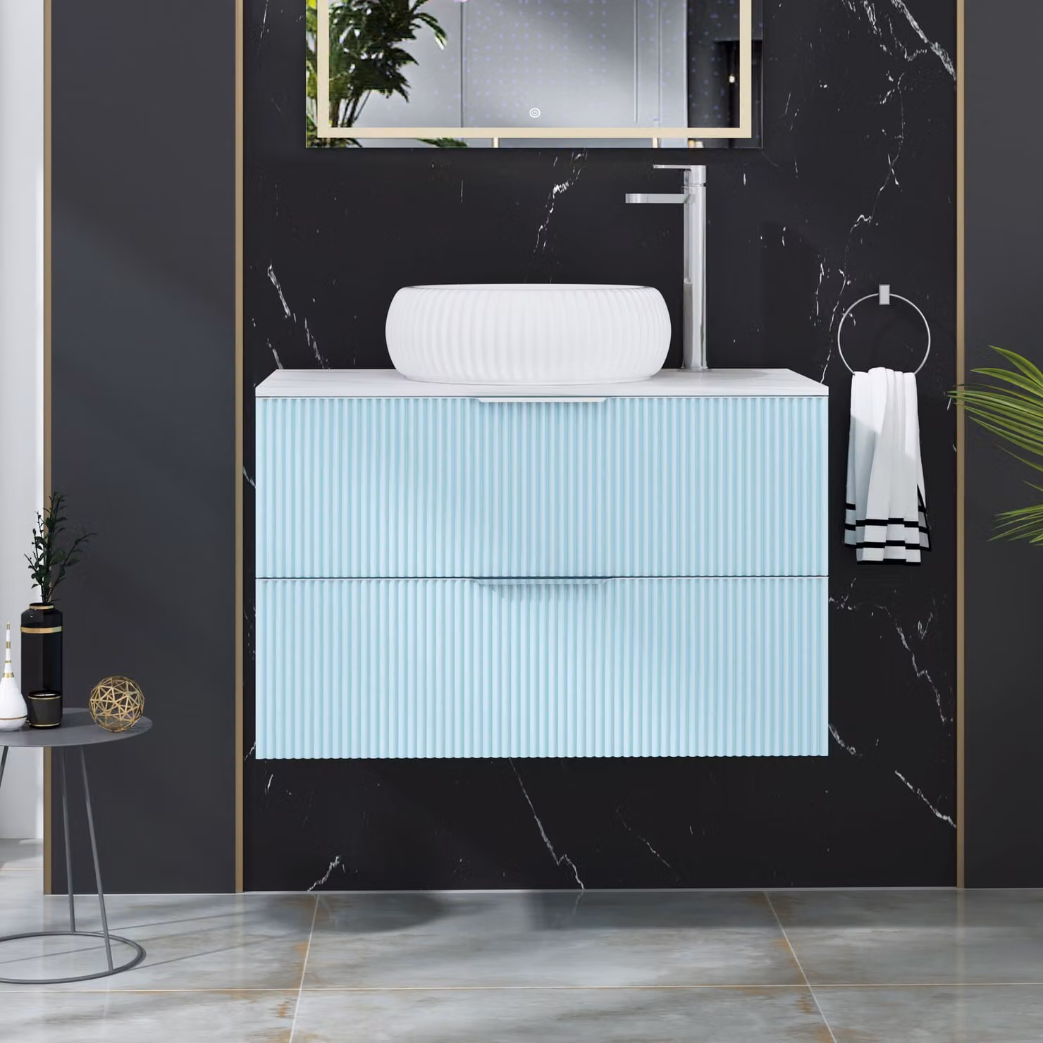 Royal Bathrooms Evora 800mm Powder Blue Fluted Wall Hung Countertop Vanity Unit with 2 Drawers and Milan Basin