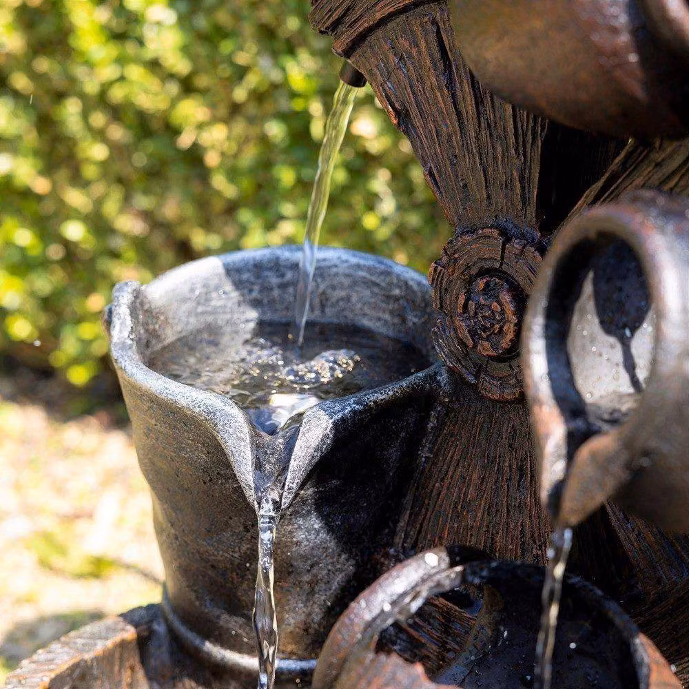 Primrose Santana Cascading Bowls Windmill and Bucket Water Feature with Lights in Brown, Height: 61 cm – 3