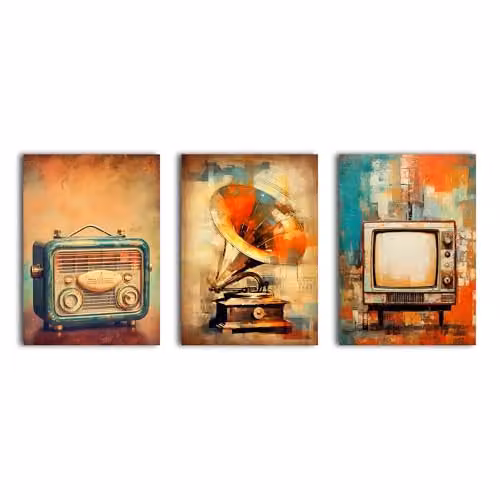 Simpa Retro Sound and Vision 3 Panel Multicolour Canvas Wall Art – 1
