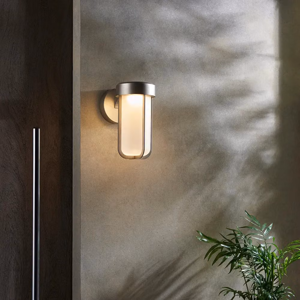 Loops Brushed Silver Outdoor Wall Light with Frosted Glass Shade, IP44 Rated 8W LED Module – 2