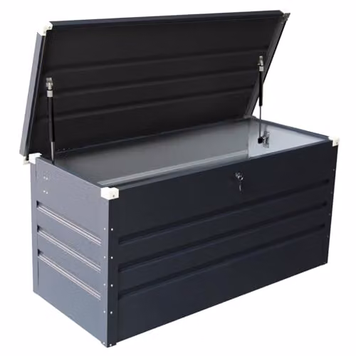 Charles Bentley Metal Garden Storage Chest in Grey with Lock and Soft Close Lid, W/D/H: 132 x 62 x 61 cm