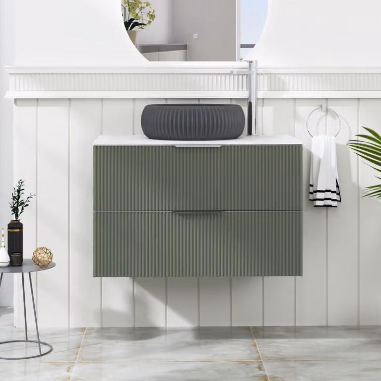 Royal Bathrooms Evora 800mm Sage Green Fluted Wall Hung Vanity Unit with 2 Drawers and Milan Black Basin