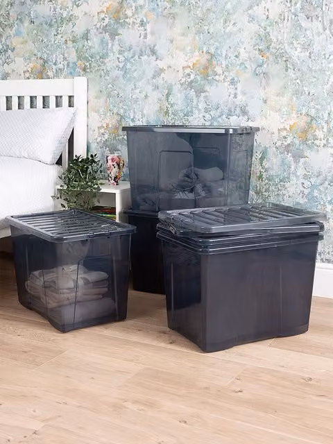 Wham Crystal Stackable Plastic Storage Boxes with Lids and Handles, Black, 4 x 80L – 1