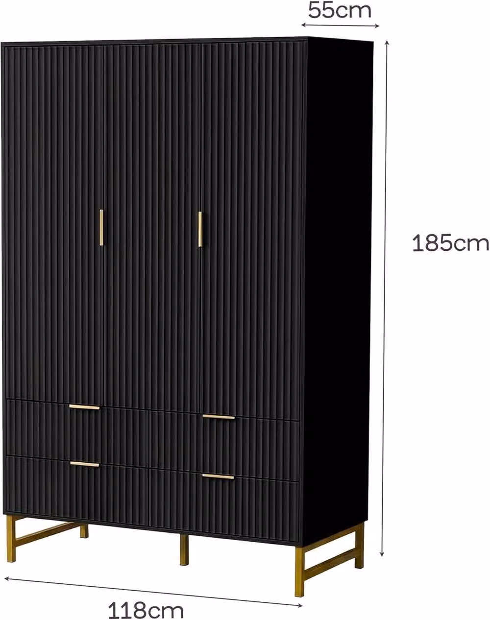 FURNITURE ONE Modern 3-Door Wardrobe Cabinet with 4 Integrated Drawers in Matt Black and Gold – 6