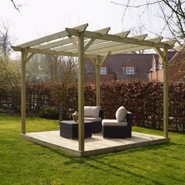 Rutland County Garden Furniture Ltd Garden Pergola and Decking Kit in Rustic Brown and Light Green, W: 360 cm, D: 360 cm, H: 270 cm