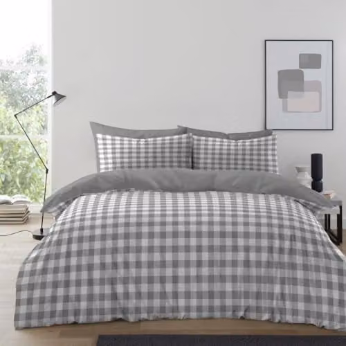 GC Gaveno Cavailia Gingham Check Microfibre Duvet Cover Set in Grey, King Size, W: 230 cm x D: 220 cm with Pillowcases